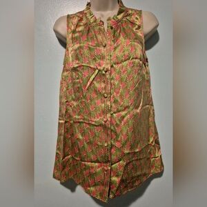 Lilly Pulitzer 100% Silk Pink Green Pattern Tank Top with Ruffled Collar Size 2